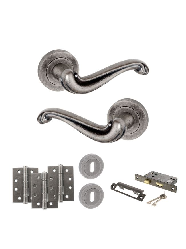 Old English Colchester Door Handle Pack (3 Lever Lock Set - 3" CE Sashlock, 4" Fire Rated Hinges x3) - Distressed Silver