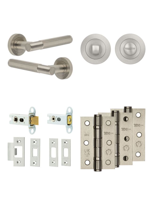 Complete Bari Door Handle Pack - Heavy Duty Tubular Bathroom (Standard Thumb Turn) - Satin Nickel - 64mm / 3-inch Hinges - JE-D30B3-SN