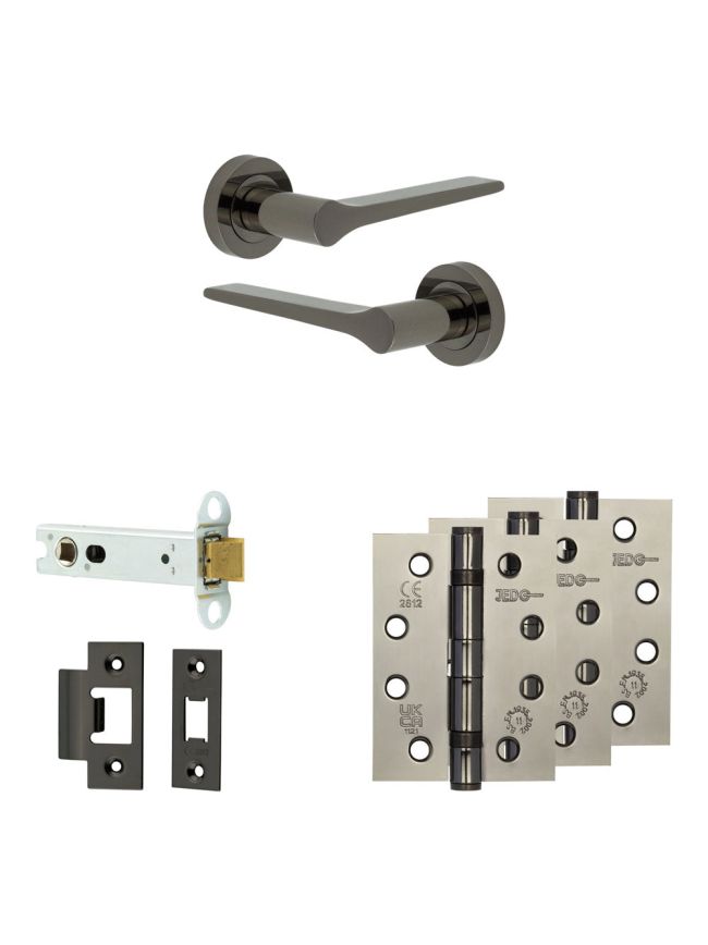 Complete Gio Door Handle Pack - Heavy Duty Latch - Black Nickel - 102mm / 4-inch Hinges - JE-E22A-BN
