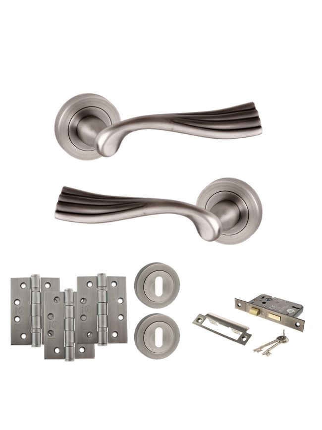 Old English Richmond Door Handle Pack (3 Lever Lock Set - 3" CE Sashlock, 4" Fire Rated Hinges x3) - Matt Gun Metal