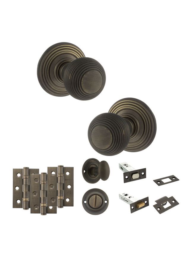 Old English Ripon Door Knob Pack (Bathroom Set - 3" Deadbolt, 3" Fire Rated Hinges x3) - Urban Bronze