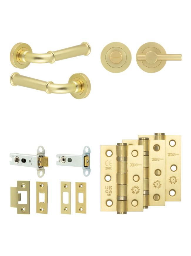 Complete Classic Door Handle Pack - Heavy Duty Tubular Bathroom (Plain Thumb Turn) - Satin Brass - 76mm / 3-inch Hinges - JE-A31B2-SB