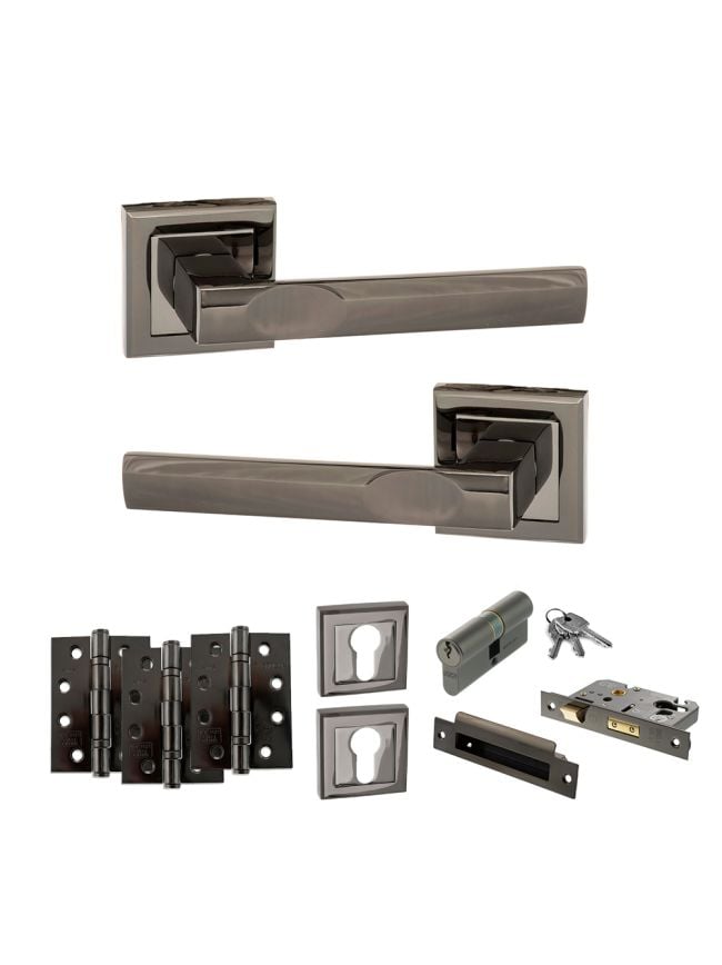 STATUS Kansas Door Handle Pack (Euro Lock Set - 2.5" CE Sashlock, 4" Fire Rated Hinges x3) - Black Nickel