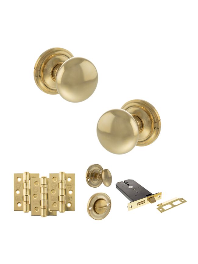 Old English Harrogate Door Knob Pack (Lock Set - Horizontal Bathlock, 3" Fire Rated Hinges x3) - Raw Brass