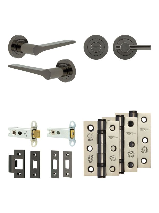 Complete Gio Door Handle Pack - Heavy Duty Tubular Bathroom (Plain Thumb Turn) - Black Nickel - 76mm / 3-inch Hinges - JE-E31B2-BN