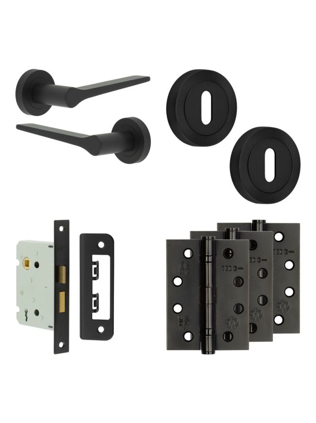 Complete Gio Door Handle Pack - Sashlock - Matt Black - 76mm / 4-inch Hinges - JE-E8A8-MB