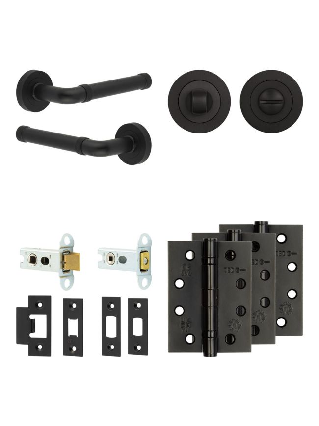 Complete Midtown Door Handle Pack - Heavy Duty Tubular Bathroom (Standard Thumb Turn) - Matt Black - 64mm / 4-inch Hinges - JE-G30A3-MB