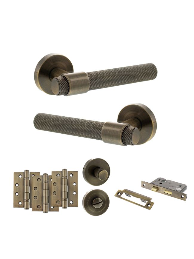 Senza Pari Andretta Door Handle Pack (Bathroom Set - 2.5" CE Bathroom Lock, 4" Fire Rated Hinges x3) - Antique Brass