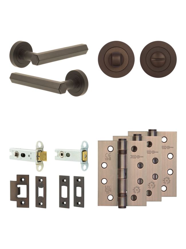 Complete Hex Door Handle Pack - Heavy Duty Tubular Bathroom (Standard Thumb Turn) - Dark Bronze - 76mm / 4-inch Hinges - JE-C31A3-DB