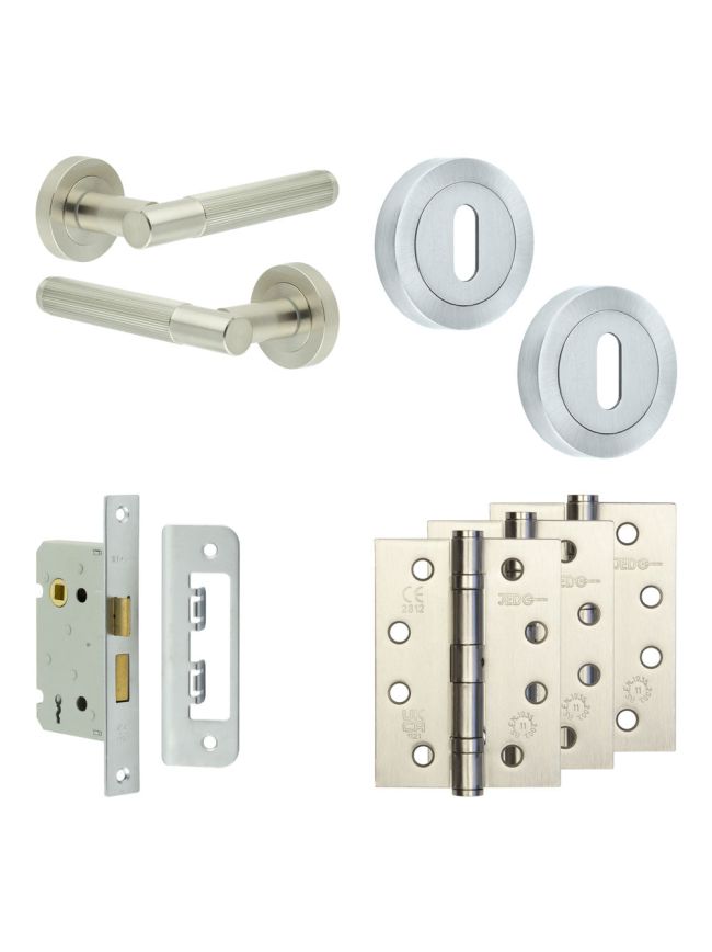 Complete Venice Door Handle Pack - Sashlock - Satin Nickel - 65mm / 4-inch Hinges - JE-F7A8-SN