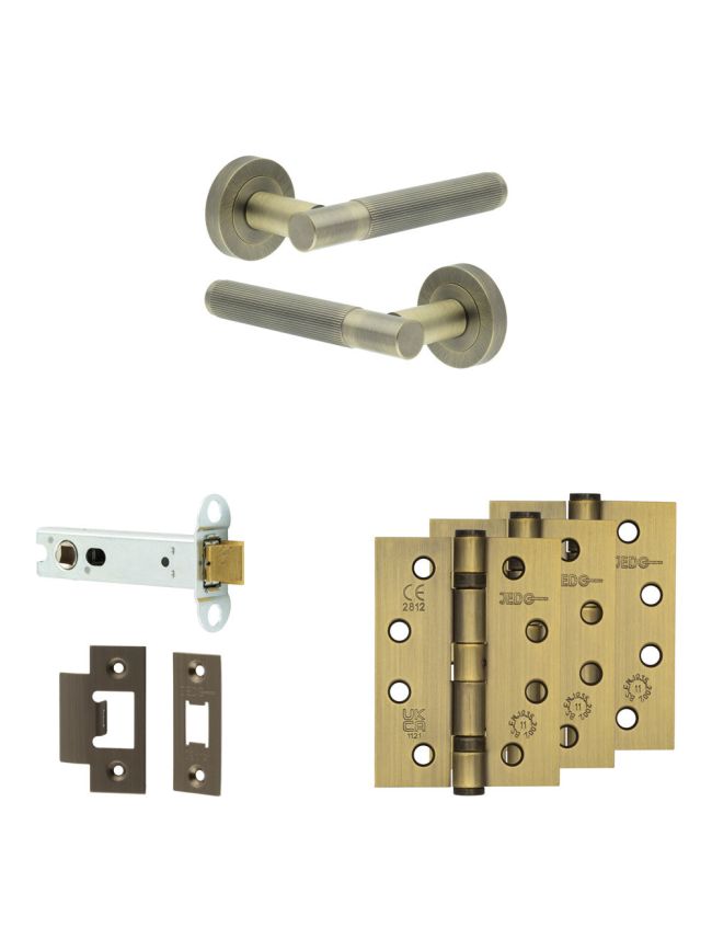 Complete Venice Door Handle Pack - Heavy Duty Latch - Antique Brass - 102mm / 4-inch Hinges - JE-F22A-AB