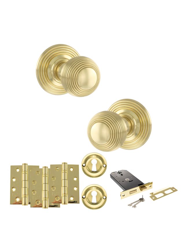 Old English Ripon Door Knob Pack (Lock Set - Horizontal Sashlock, 4" Fire Rated Hinges x3) - Polished Brass