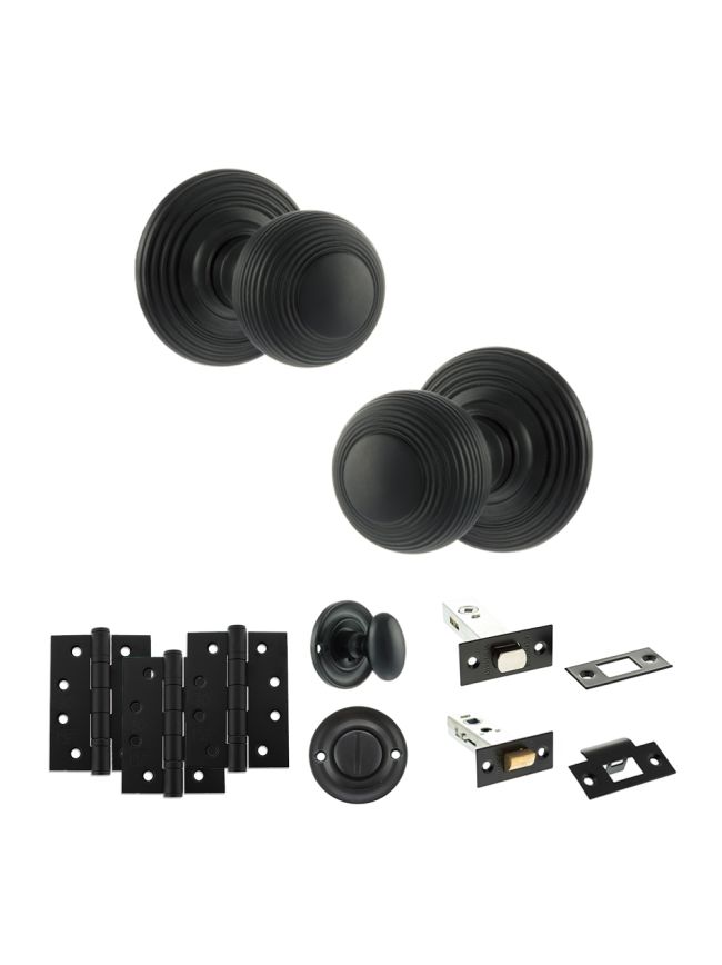 Old English Ripon Door Knob Pack (Bathroom Set - 4" Deadbolt, 4" Fire Rated Hinges x3) - Matt Black