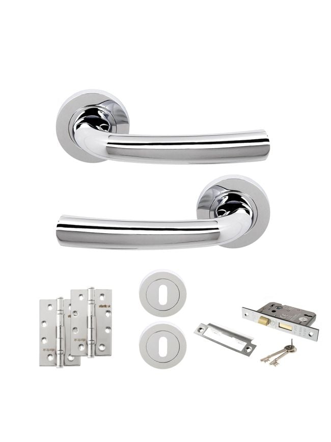 STATUS Nevada Door Handle Pack (3 Lever Lock Set - 3" CE Sashlock, 4" Slim Knuckle Hinges x2) - Polished Chrome