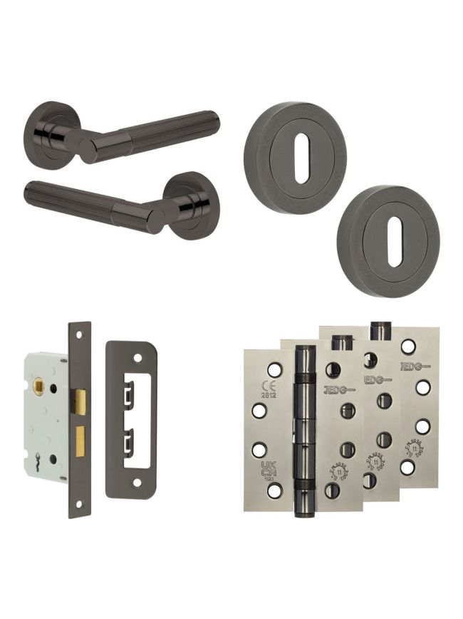 Complete Venice Door Handle Pack - Sashlock - Black Nickel - 65mm / 4-inch Hinges - JE-F7A8-BN