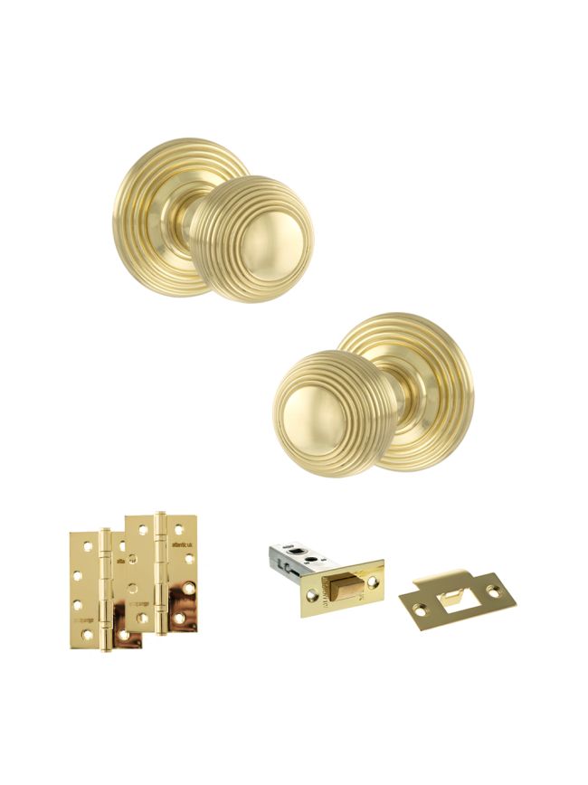 Old English Ripon Door Knob Pack (Latch Set - 3" HD Latch, 4" Slim Knuckle Hinges x2) - Polished Brass