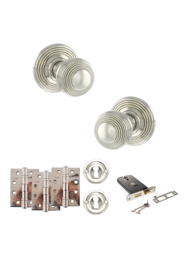 Old English Ripon Door Knob Pack (Lock Set - Horizontal Sashlock, 4" Fire Rated Hinges x3) - Polished Nickel