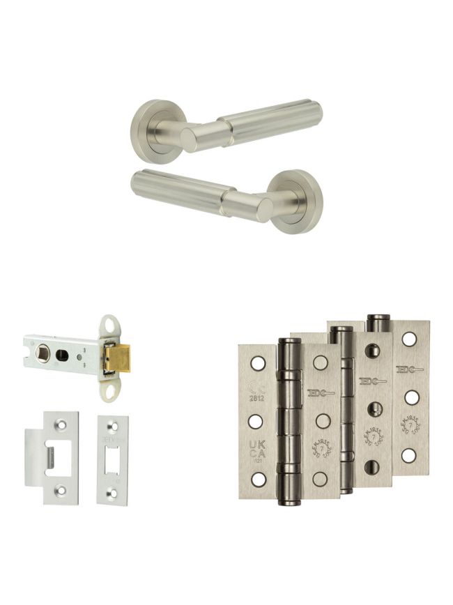 Complete Bloom Door Handle Pack - Heavy Duty Latch - Satin Nickel - 76mm / 3-inch Hinges - JE-B21B-SN