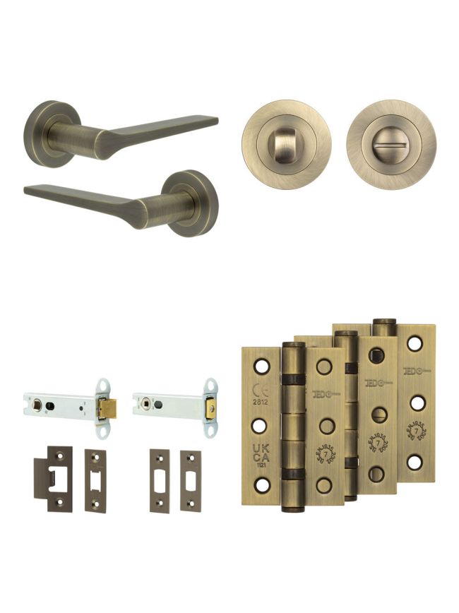 Complete Gio Door Handle Pack - Heavy Duty Tubular Bathroom (Standard Thumb Turn) - Antique Brass - 102mm / 3-inch Hinges - JE-E32B3-AB