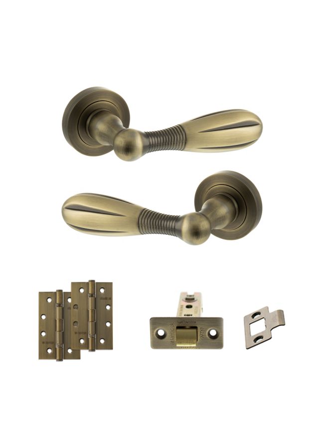 Old English Cambridge Door Handle Pack (Latch Set - 2.5" CE Latch, 4" Slim Knuckle Hinges x2) - Matt Antique Brass