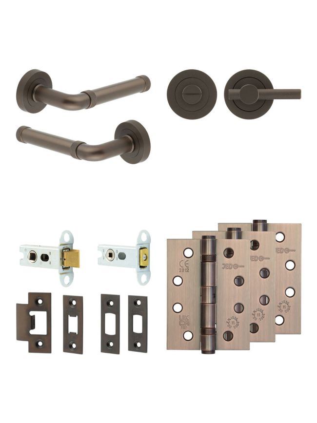 Complete Midtown Door Handle Pack - Heavy Duty Tubular Bathroom (Knurled Thumb Turn) - Dark Bronze - 64mm / 4-inch Hinges - JE-G30A1-DB
