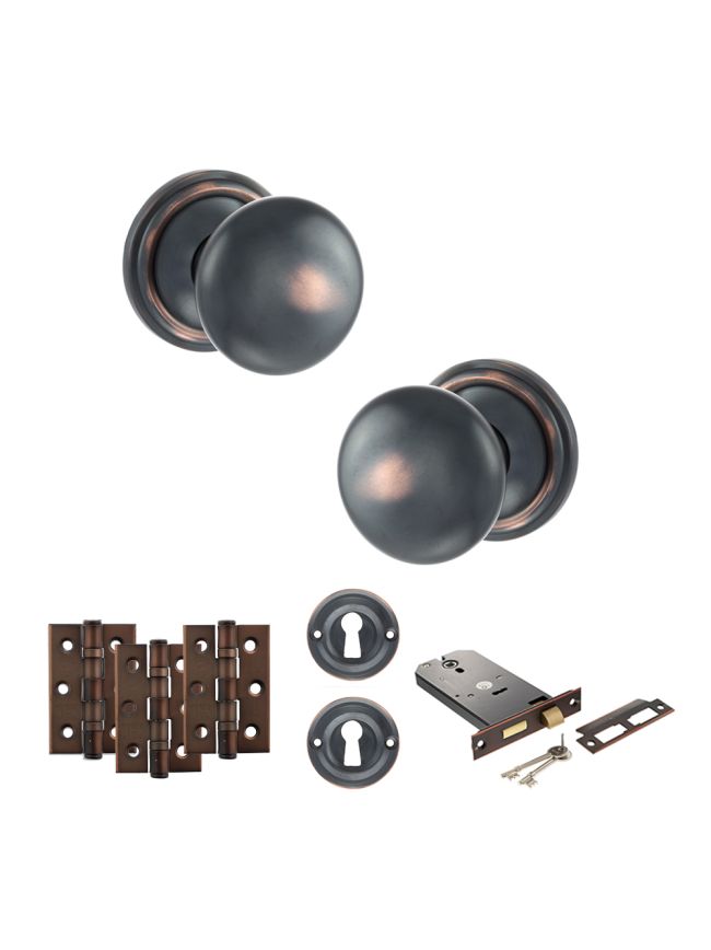 Old English Harrogate Door Knob Pack (Lock Set - Horizontal Sashlock, 3" Fire Rated Hinges x3) - Antique Copper