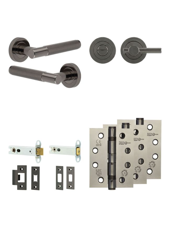 Complete Bari Door Handle Pack - Heavy Duty Tubular Bathroom (Plain Thumb Turn) - Black Nickel - 102mm / 4-inch Hinges - JE-D32A2-BN