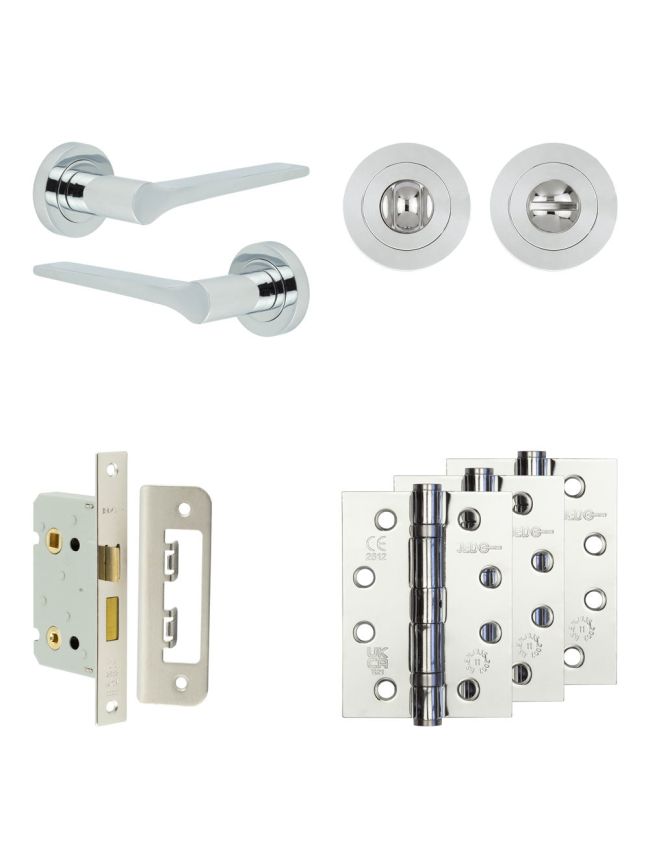 Complete Gio Door Handle Pack - Bathroom Lock (Standard Thumb Turn) - Polished Chrome - 65mm / 4-inch Hinges - JE-E5A3-PC