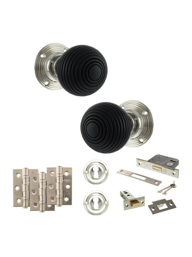 Old English Whitby Door Knob Pack (Lock Set - 3" Latch & Deadlock, 3" Fire Rated Hinges x3) - Polished Nickel