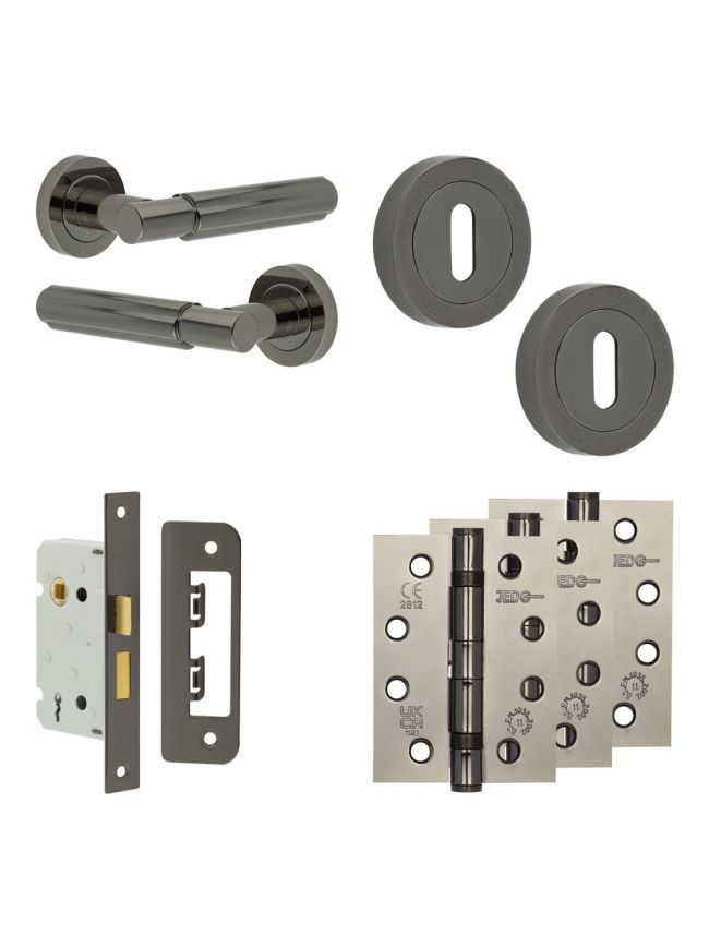 Complete Bloom Door Handle Pack - Sashlock - Black Nickel - 65mm / 4-inch Hinges - JE-B7A8-BN