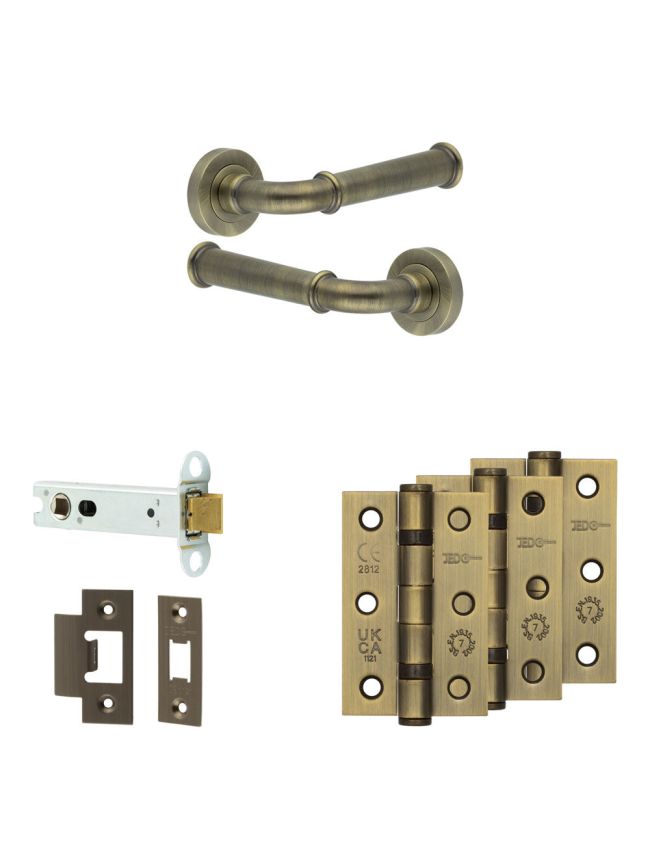 Complete Classic Door Handle Pack - Heavy Duty Latch - Antique Brass - 102mm / 3-inch Hinges - JE-A22B-AB
