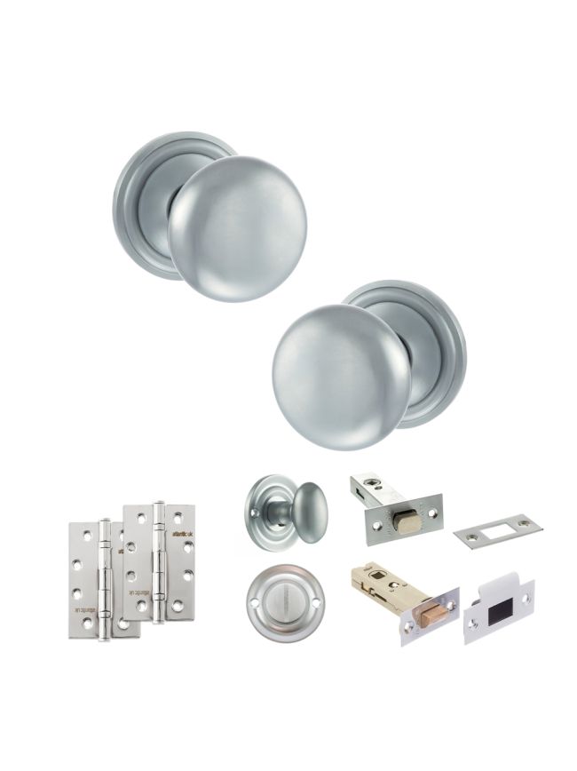 Old English Harrogate Door Knob Pack (Bathroom Set - 3" Deadbolt, 4" Slim Knuckle Hinges x2) - Satin Chrome