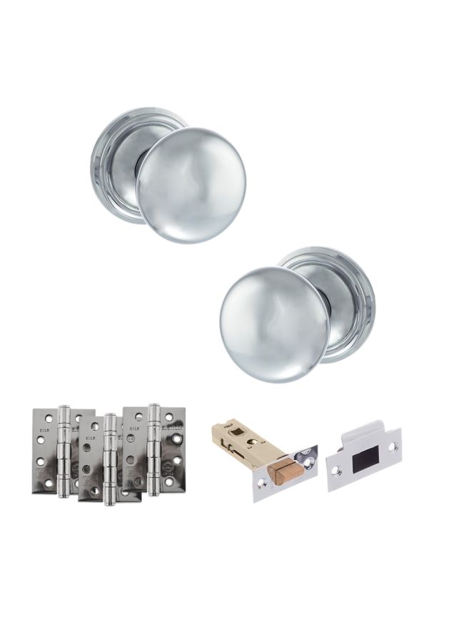 Old English Harrogate Door Knob Pack (Latch Set - 4" HD Latch, 4" Fire Rated Hinges x3) - Polished Chrome