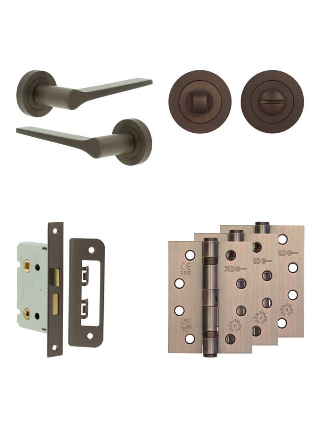 Complete Gio Door Handle Pack - Bathroom Lock (Standard Thumb Turn) - Dark Bronze - 65mm / 4-inch Hinges - JE-E5A3-DB