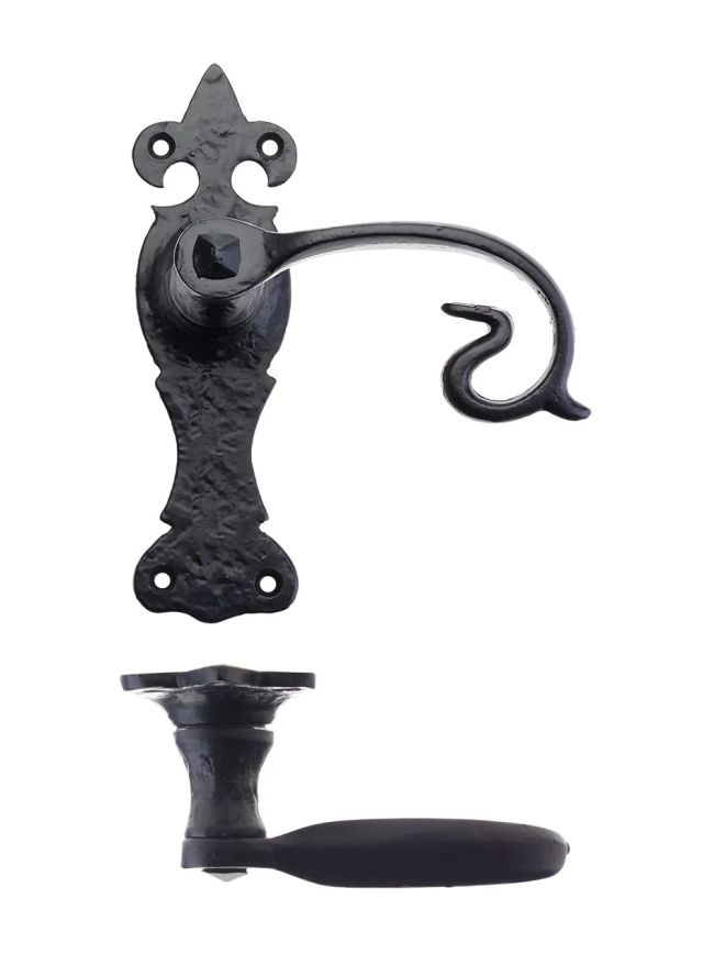 Zoo Hardware Scroll Lever on Fleur De Lys Backplate - 6" - Latch - Black