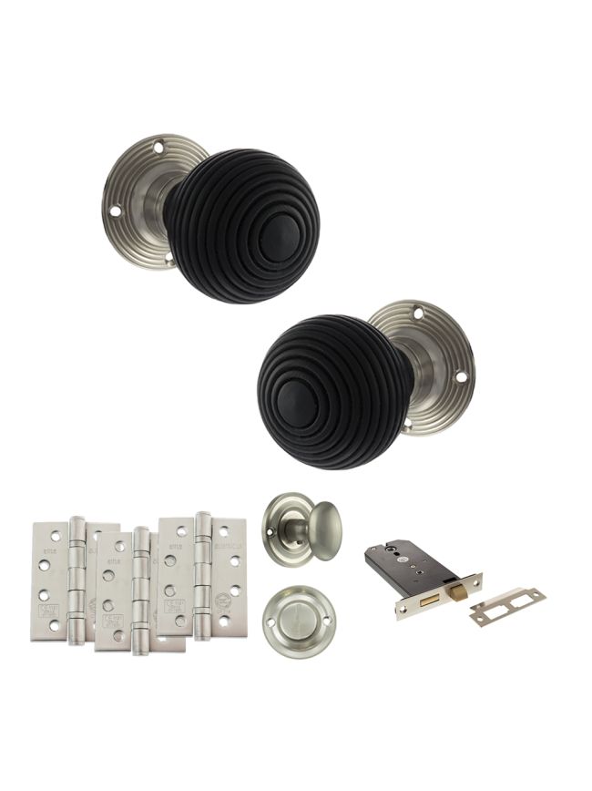 Old English Whitby Door Knob Pack (Lock Set - Horizontal Bathlock, 4" Fire Rated Hinges x3) - Satin Nickel