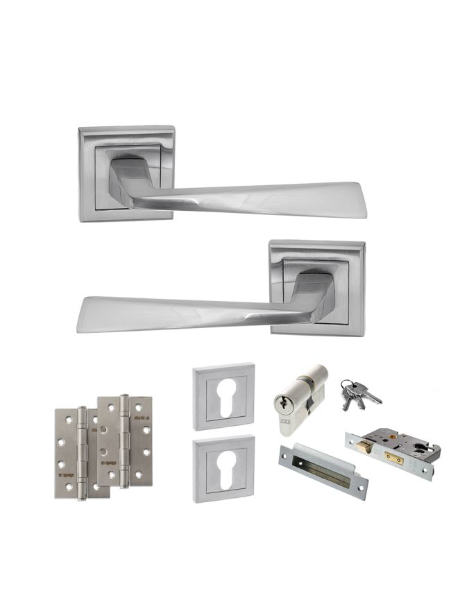STATUS California Door Handle Pack (Euro Lock Set - 3" CE Sashlock, 4" Slim Knuckle Hinges x2) - Satin Chrome