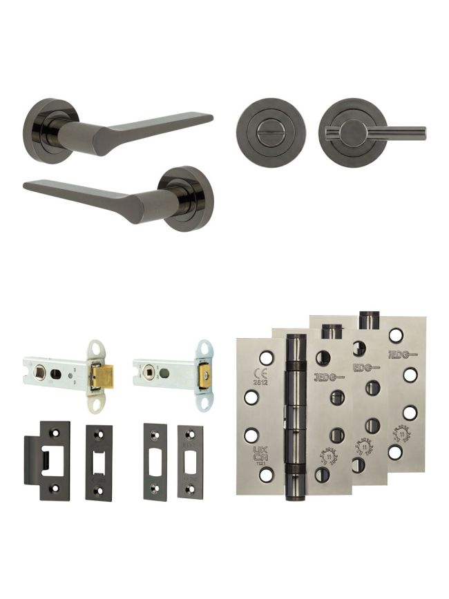Complete Gio Door Handle Pack - Heavy Duty Tubular Bathroom (Plain Thumb Turn) - Black Nickel - 76mm / 4-inch Hinges - JE-E31A2-BN