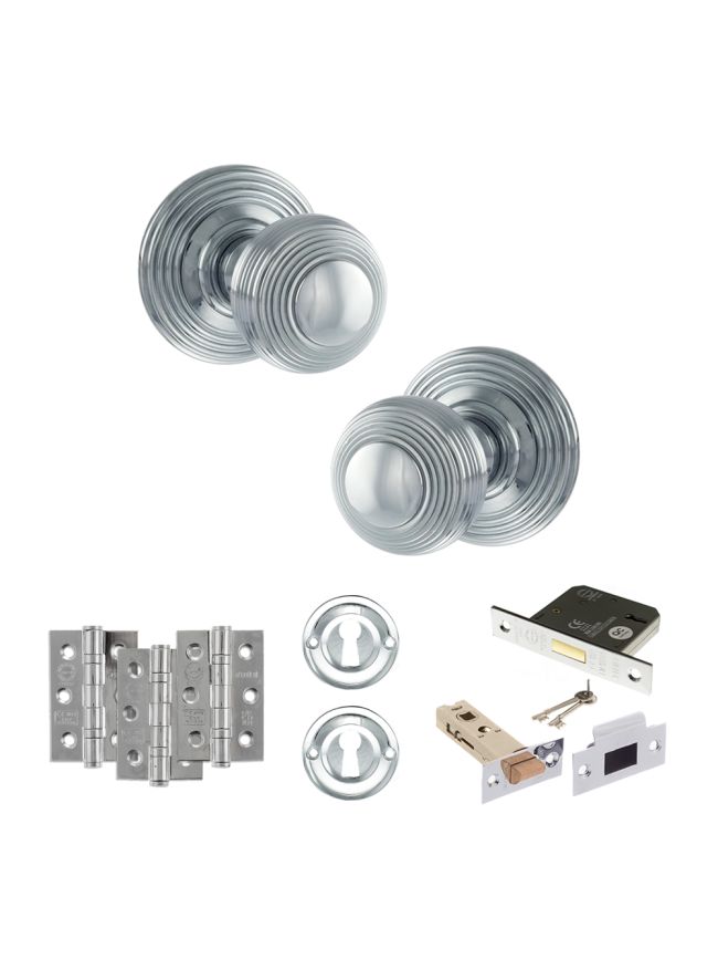 Old English Ripon Door Knob Pack (Lock Set - 3" Latch & Deadlock, 3" Fire Rated Hinges x3) - Polished Chrome