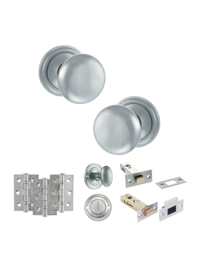 Old English Harrogate Door Knob Pack (Bathroom Set - 4" Deadbolt, 3" Fire Rated Hinges x3) - Satin Chrome