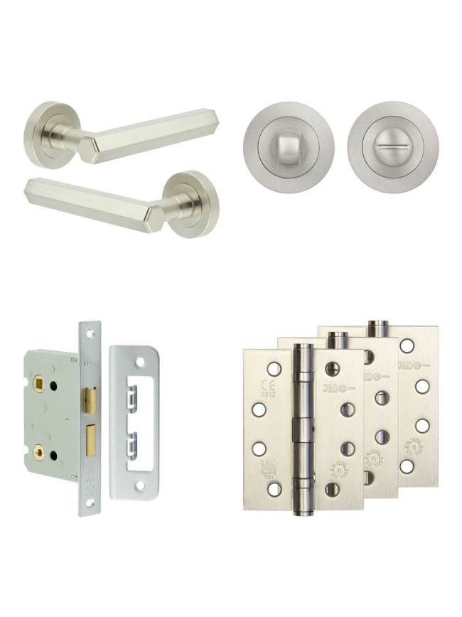 Complete Hex Door Handle Pack - Bathroom Lock (Standard Thumb Turn) - Satin Nickel - 76mm / 4-inch Hinges - JE-C6A3-SN