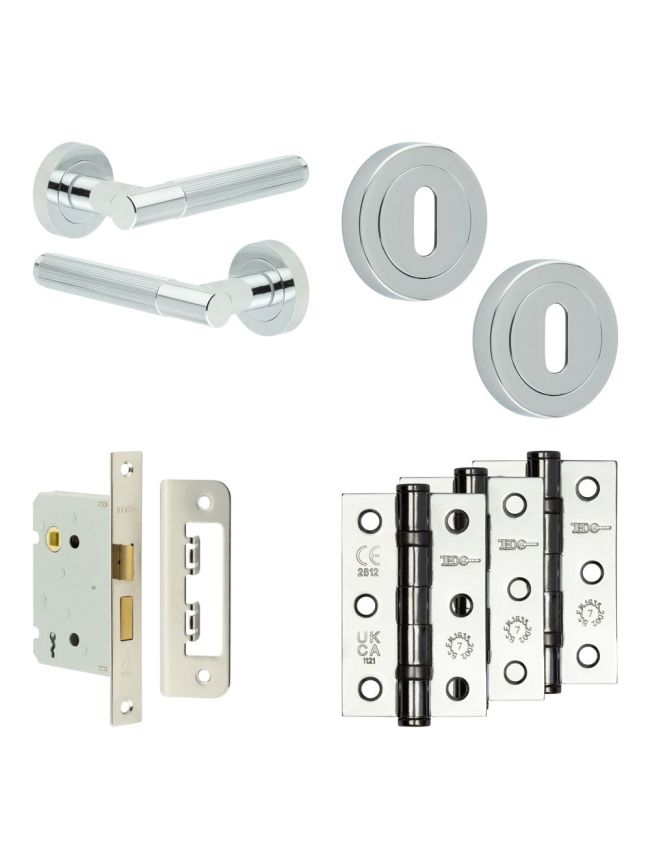 Complete Venice Door Handle Pack - Sashlock - Polished Chrome - 76mm / 3-inch Hinges - JE-F8B8-PC