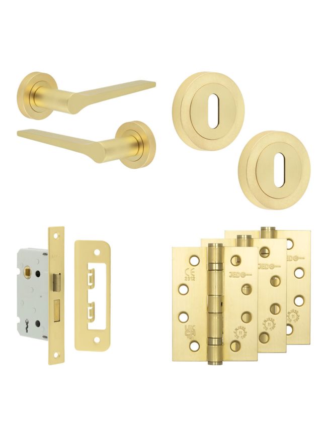 Complete Gio Door Handle Pack - Sashlock - Satin Brass - 65mm / 4-inch Hinges - JE-E7A8-SB