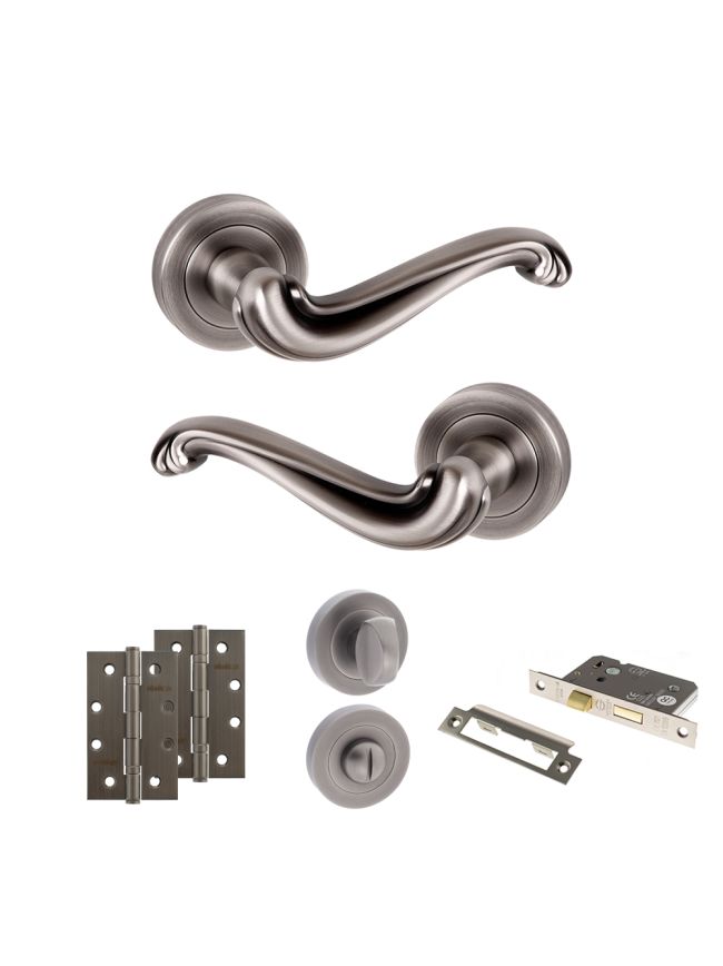 Old English Colchester Door Handle Pack (Bathroom Set - 2.5" CE Bathroom Lock, 4" Slim Knuckle Hinges x2) - Matt Gun Metal