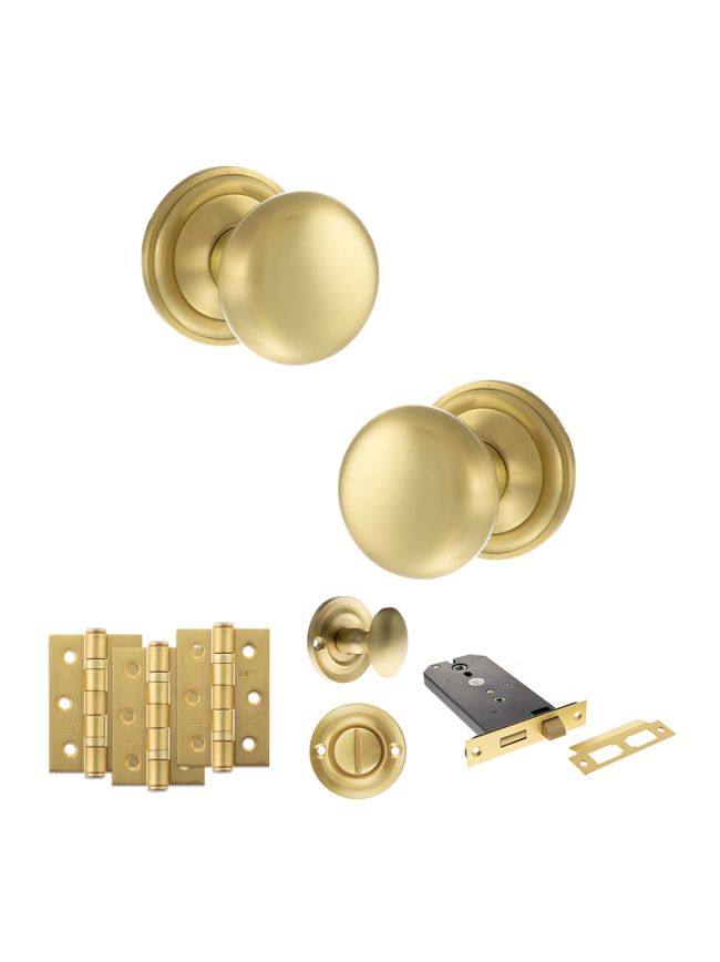Old English Harrogate Door Knob Pack (Lock Set - Horizontal Bathlock, 3" Fire Rated Hinges x3) - Satin Brass
