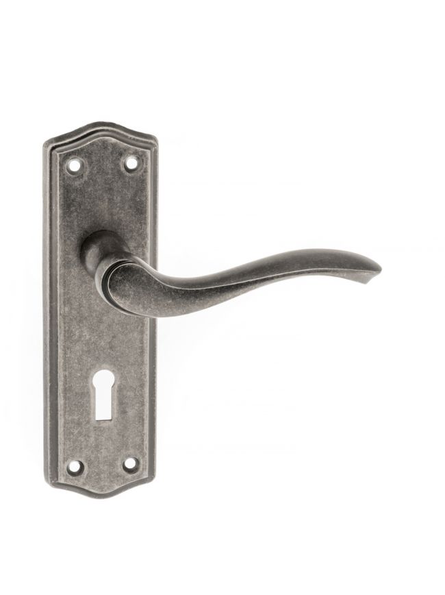 Old English Warwick Key Lever Door Handle on Backplate - Distressed Silver (Pair)