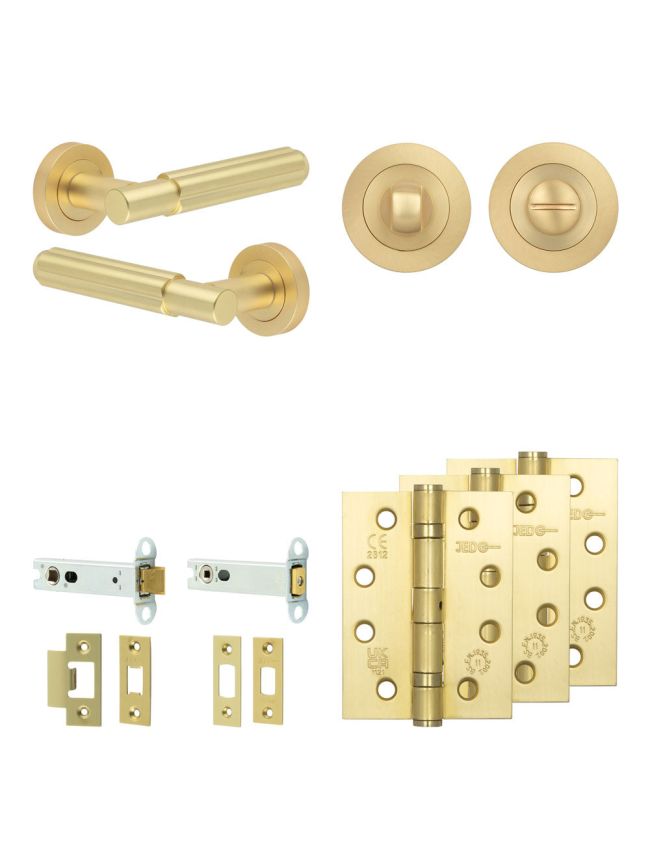 Complete Bloom Door Handle Pack - Heavy Duty Tubular Bathroom (Standard Thumb Turn) - Satin Brass - 102mm / 4-inch Hinges - JE-B32A3-SB