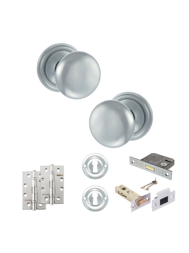 Old English Harrogate Door Knob Pack (Lock Set - 3" Latch & Deadlock, 4" Slim Knuckle Hinges x2) - Satin Chrome