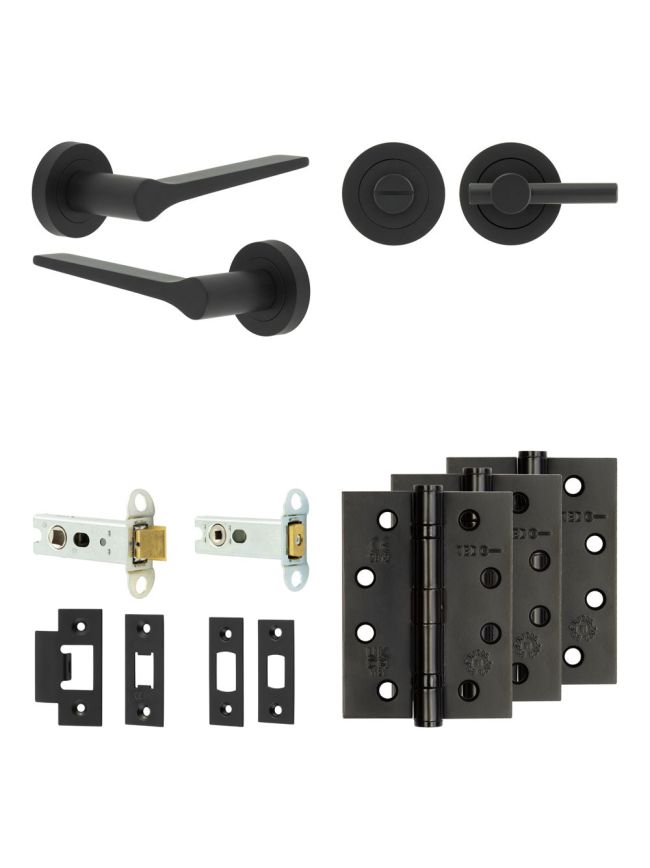 Complete Gio Door Handle Pack - Heavy Duty Tubular Bathroom (Plain Thumb Turn) - Matt Black - 76mm / 4-inch Hinges - JE-E31A2-MB