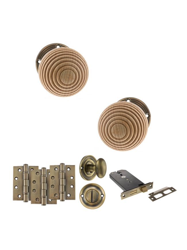 Old English Bridlington Door Knob Pack (Lock Set - Horizontal Bathlock, 4" Fire Rated Hinges x3) - Antique Brass